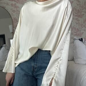 Y2K Ashley Stewart cream satin blouse with dramatic button sleeves